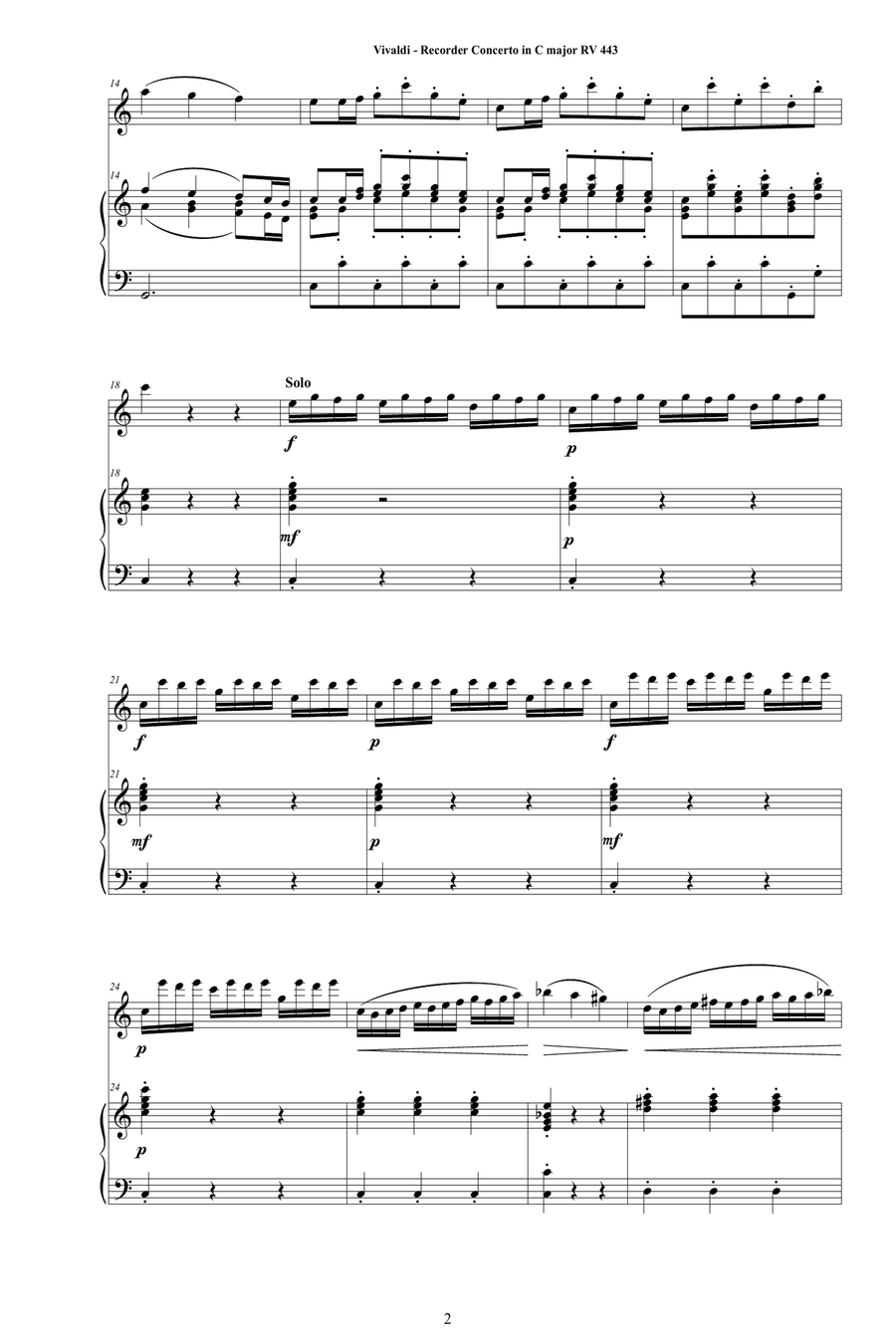 Vivaldi - Recorder Concerto in C major RV 443 for Flautino and Piano Alto Recorder scores gallery preview page 2