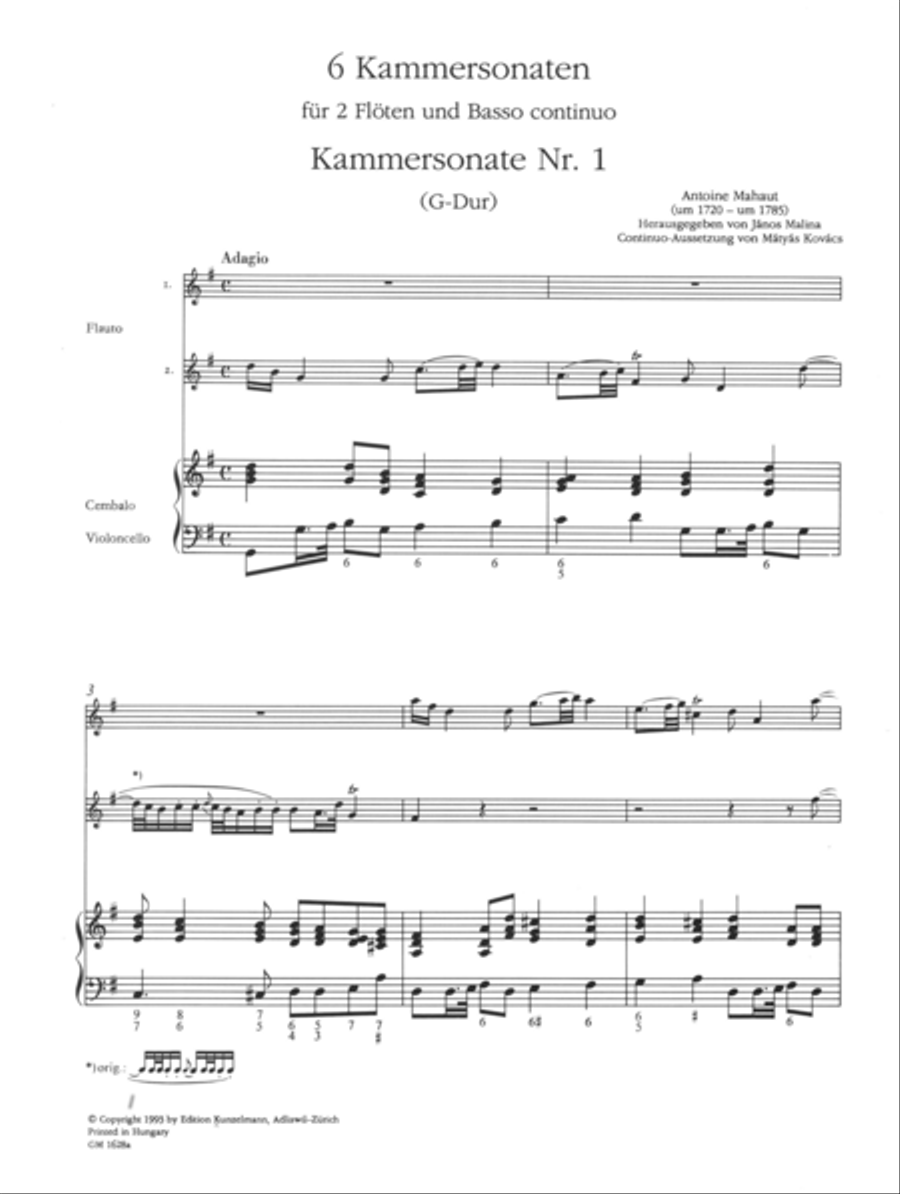 6 chamber sonatas for 2 flutes and basso continuo, Volume 1 Flute Duet scores gallery preview page 2