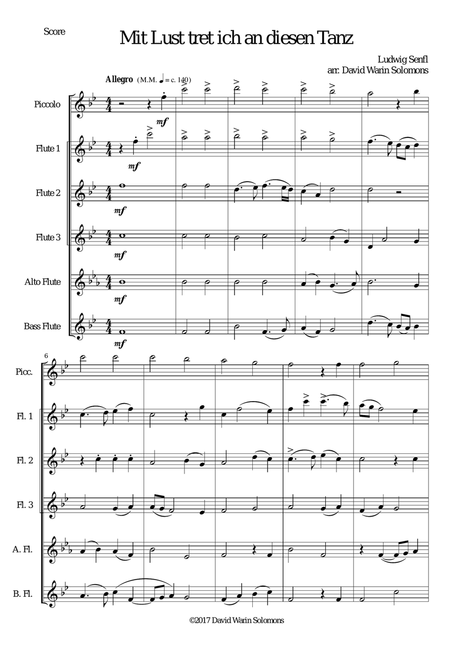 Mit Lust tret ich an diesen Tanz (I'm delighted to join this dance) for flute sextet Flute Solo scores gallery preview page 1