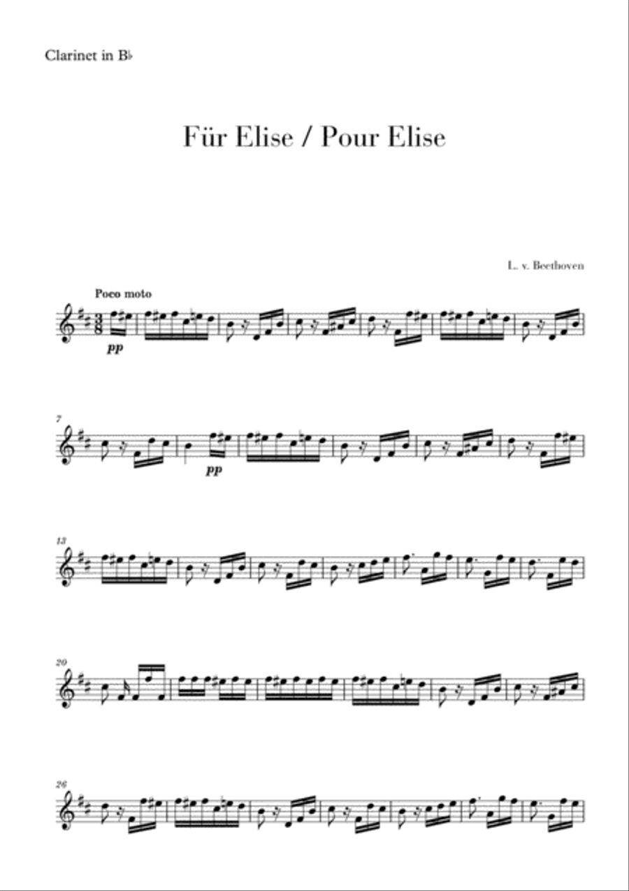 Pour Elise (Für Elise) for Clarinet Clarinet Solo scores gallery preview page 1