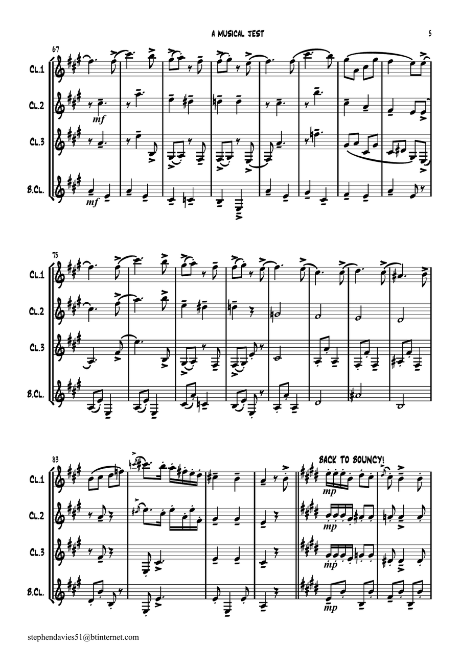 'A Musical Jest' By Alfredo D'ambrosio,Clarinet Quartet, a bit of fun for 4 players! Clarinet Quartet scores gallery preview page 5