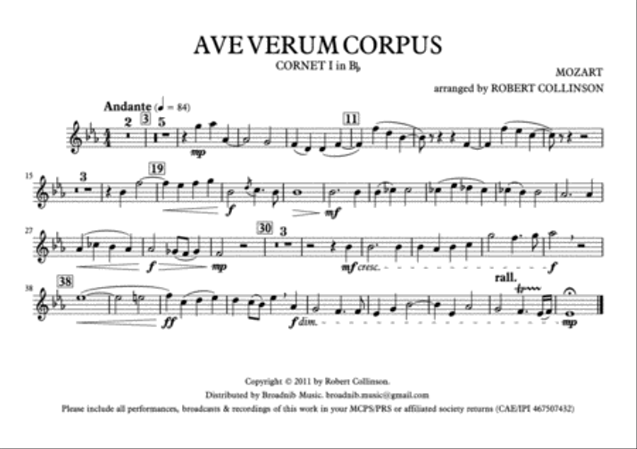 AVE VERUM CORPUS (Mozart) - March card (A5) parts only Brass Ensemble scores gallery preview page 1