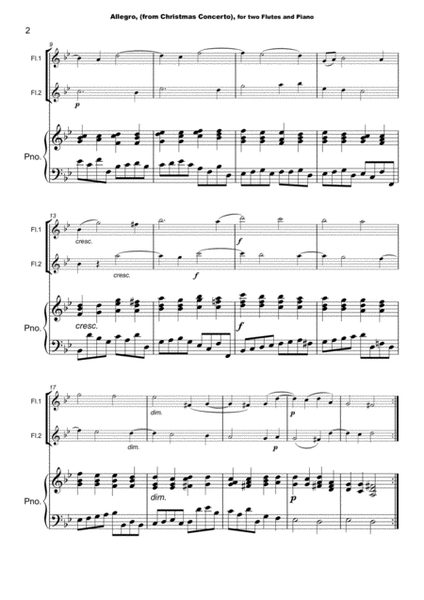 Christmas Concerto, Allegro, by Corelli; for Flute Duet or Solo, with optional Piano