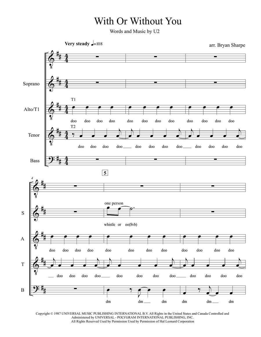 With Or Without You 4-Part scores gallery preview page 1
