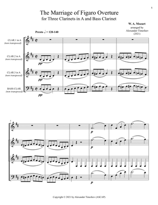 The Marriage of Figaro Overture, for Three Clarinets in A and Bass Clarinet