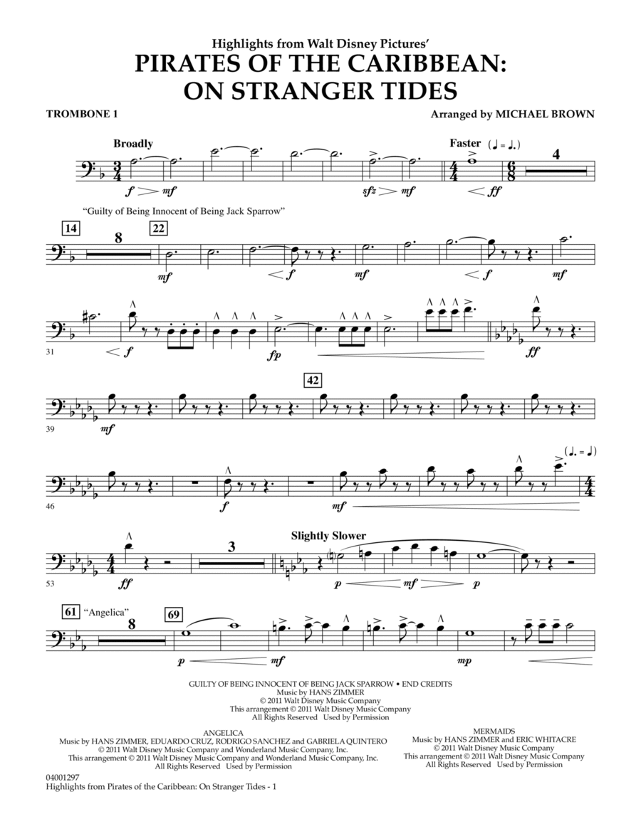 Highlights from Pirates Of The Caribbean: On Stranger Tides - Trombone 1 Concert Band scores gallery preview page 1