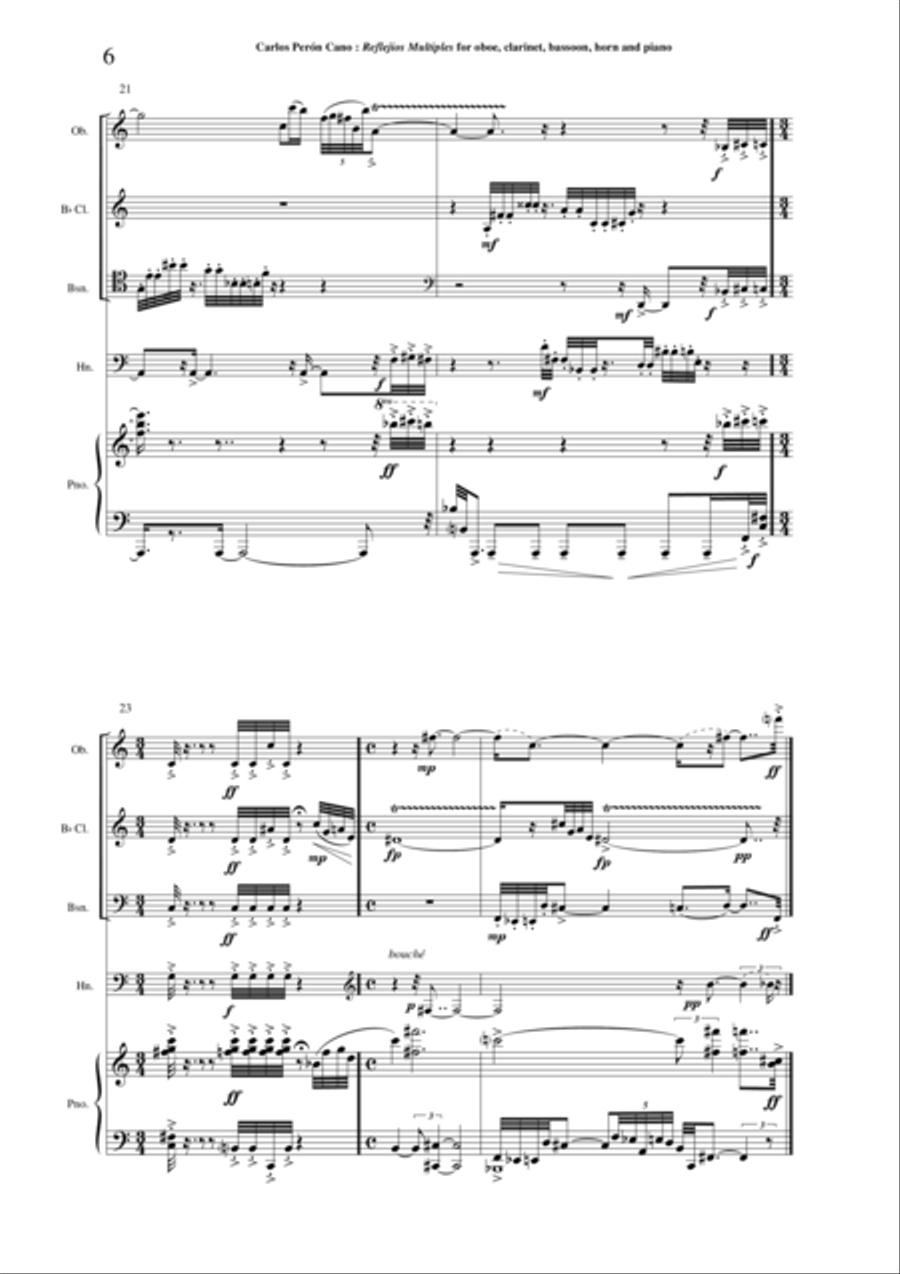 Carlos Perón Cano: Reflejos multiples (2003) for oboe, Bb clarinet, bassoon, horn and piano Woodwind Quartet scores gallery preview page 6