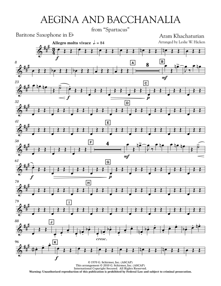 Aegina and Bacchanalia (from Spartacus) - Eb Baritone Saxophone Baritone Saxophone scores gallery preview page 1