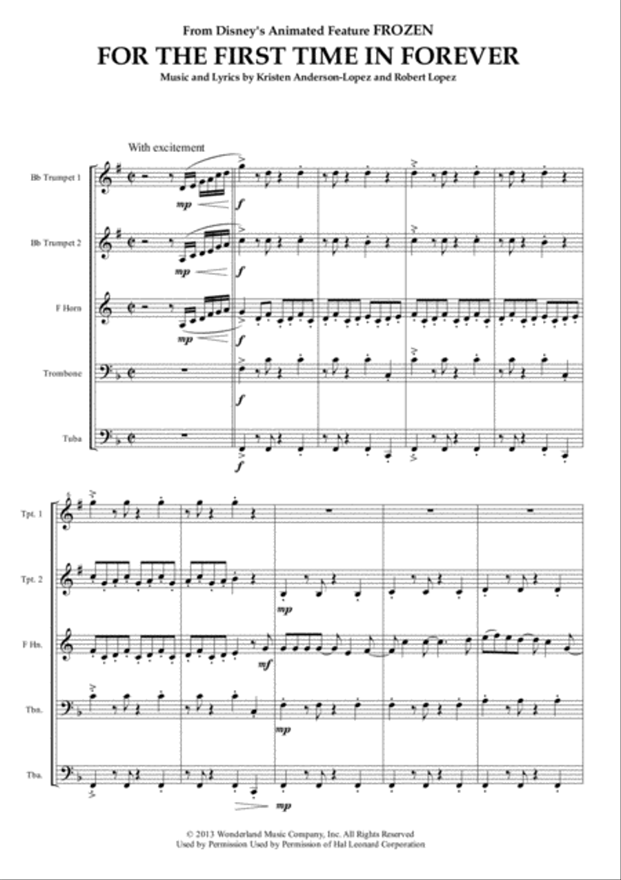For The First Time In Forever Brass Ensemble scores gallery preview page 1