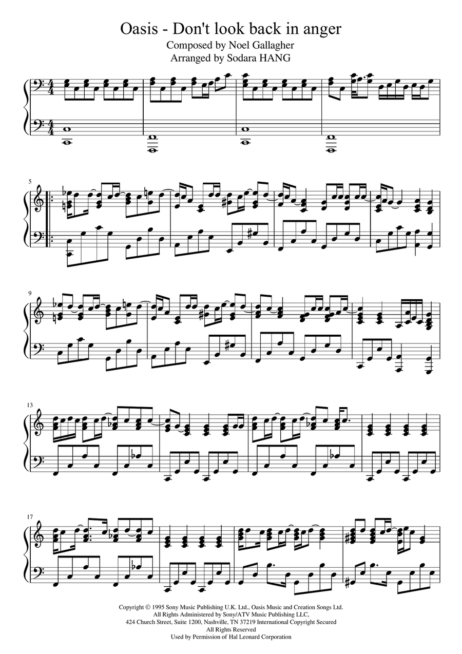 Don't Look Back In Anger Piano Solo scores gallery preview page 1