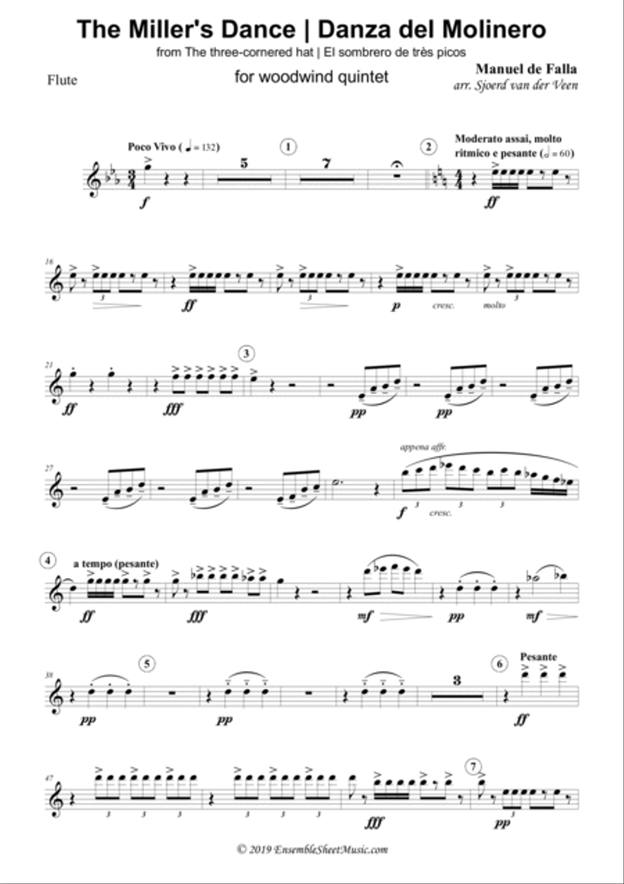 Dance of the Miller (Danza del Molinero) from from The Three-Cornered Hat Woodwind Quintet scores gallery preview page 6