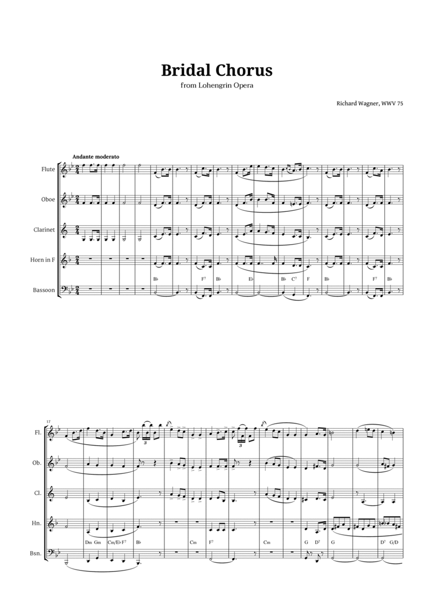 Bridal Chorus by Wagner for Woodwind Quintet with Chords image number null