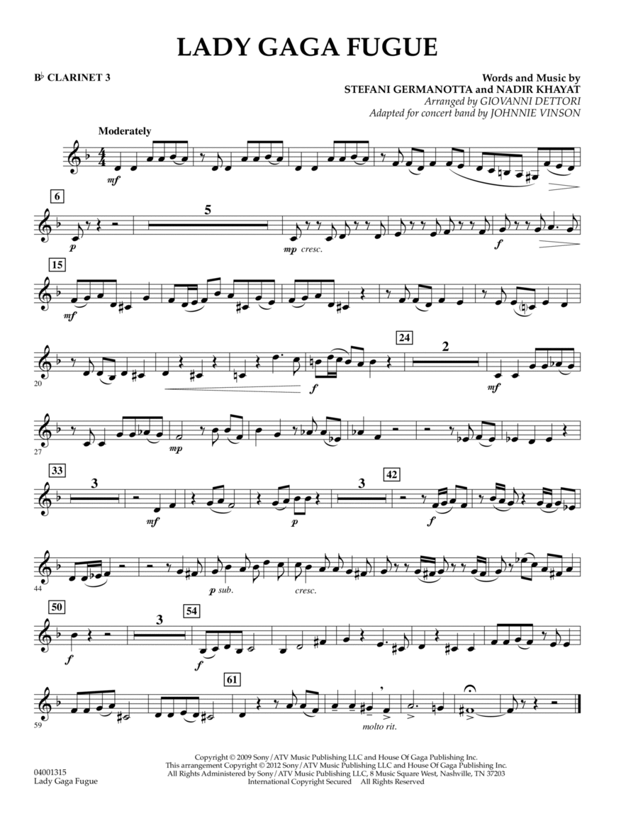 Lady Gaga Fugue - Bb Clarinet 3