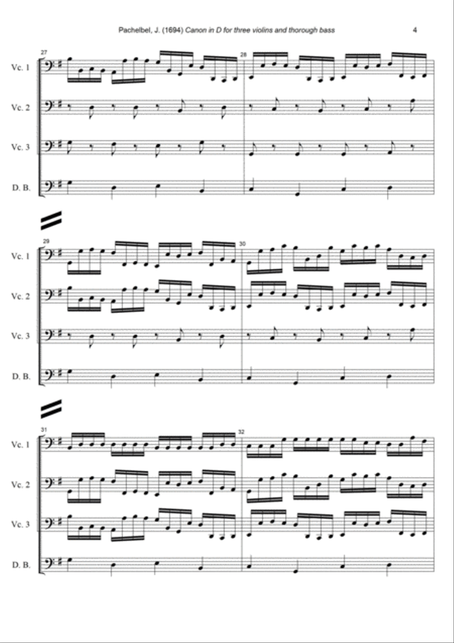 J. Pachelbel - Canon in D-dur, arr. for 3 Cellos & Double Bass String Duet scores gallery preview page 4