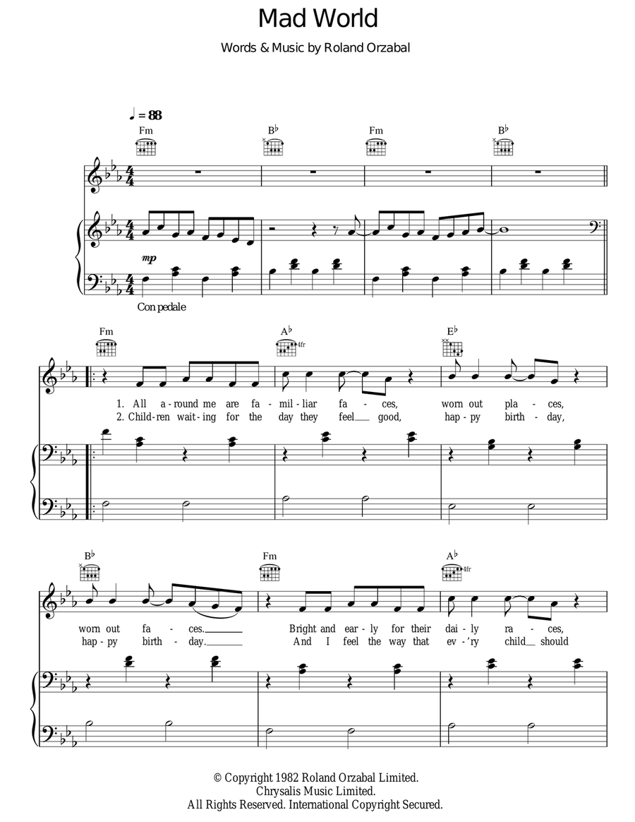 Mad World Piano, Vocal, Guitar scores gallery preview page 1