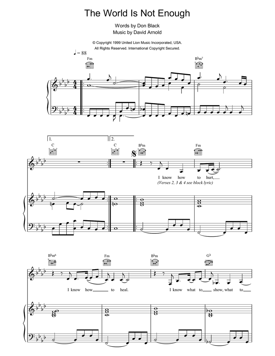 The World Is Not Enough Piano, Vocal, Guitar scores gallery preview page 1