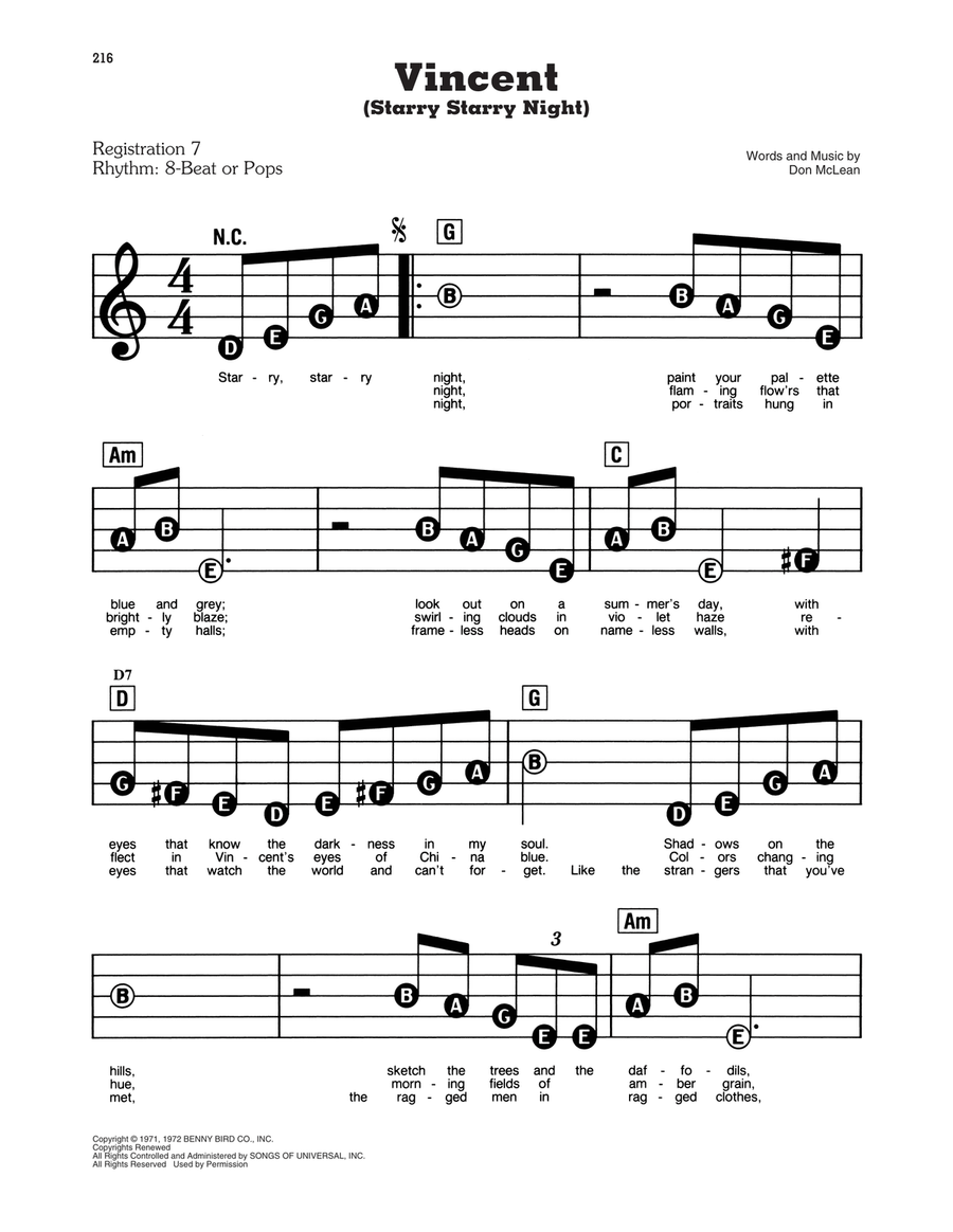 Vincent (Starry Starry Night) Electronic Keyboard scores gallery preview page 1