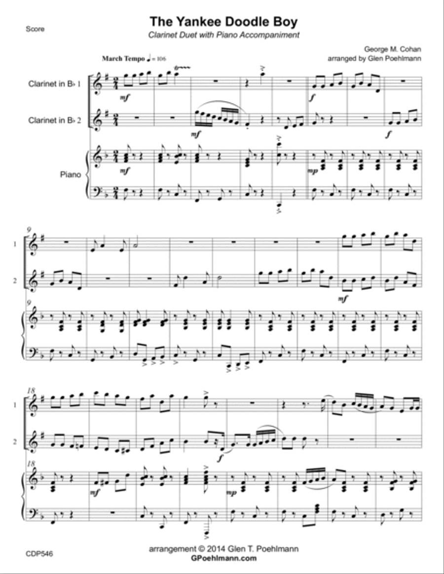 YANKEE DOODLE BOY - CLARINET DUET with Piano Accompaniment Clarinet Duet scores gallery preview page 1
