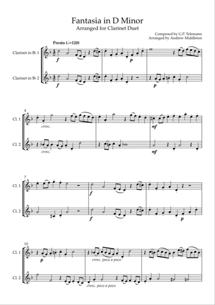 Fantasia in D Minor arranged for Clarinet Duet Clarinet Duet scores gallery preview page 3