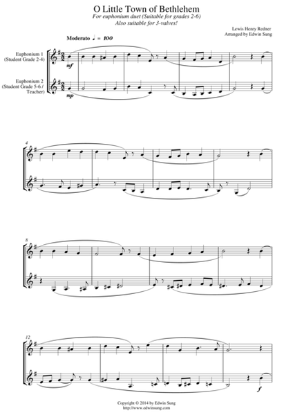 O Little Town of Bethlehem (for euphonium duet (Bb treble, 3 or 4 valved), suitable for grades 2-6) image number null