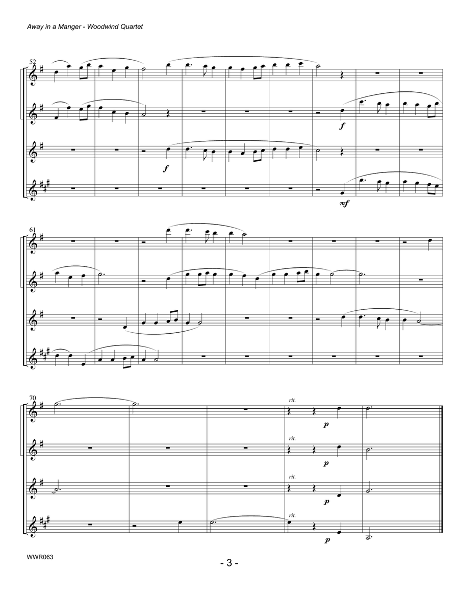 AWAY IN A MANGER - WOODWIND QUARTET (2 Flutes, Oboe & Clarinet) Woodwind Quartet scores gallery preview page 3