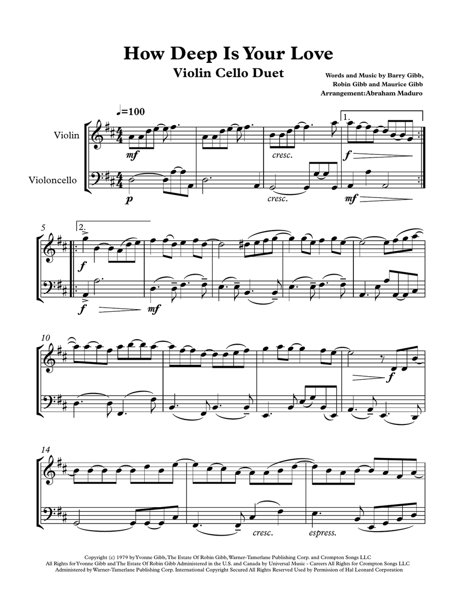 How Deep Is Your Love from the Motion Picture SATURDAY NIGHT FEVER String Duet scores gallery preview page 1