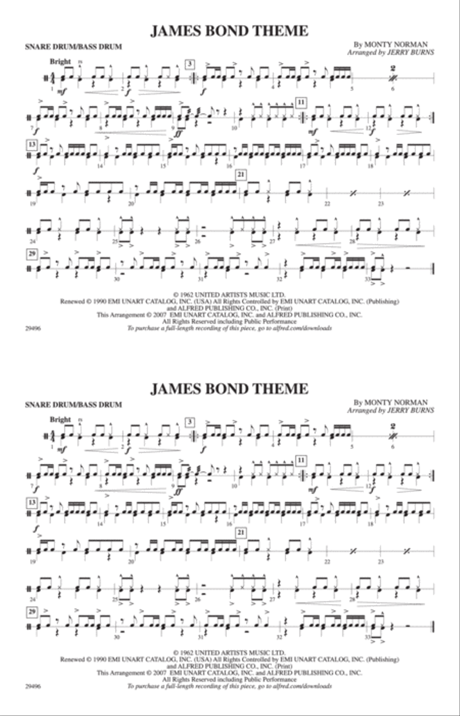 James Bond Theme: Snare Drum/Bass Drum Marching Band scores gallery preview page 1