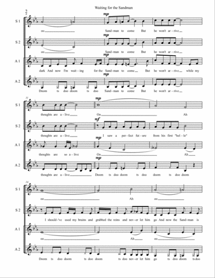 Waiting for the Sandman (SSAA, a cappella) - original jazz song by Sarah and Gil Jaysmith SSAA scores gallery preview page 2