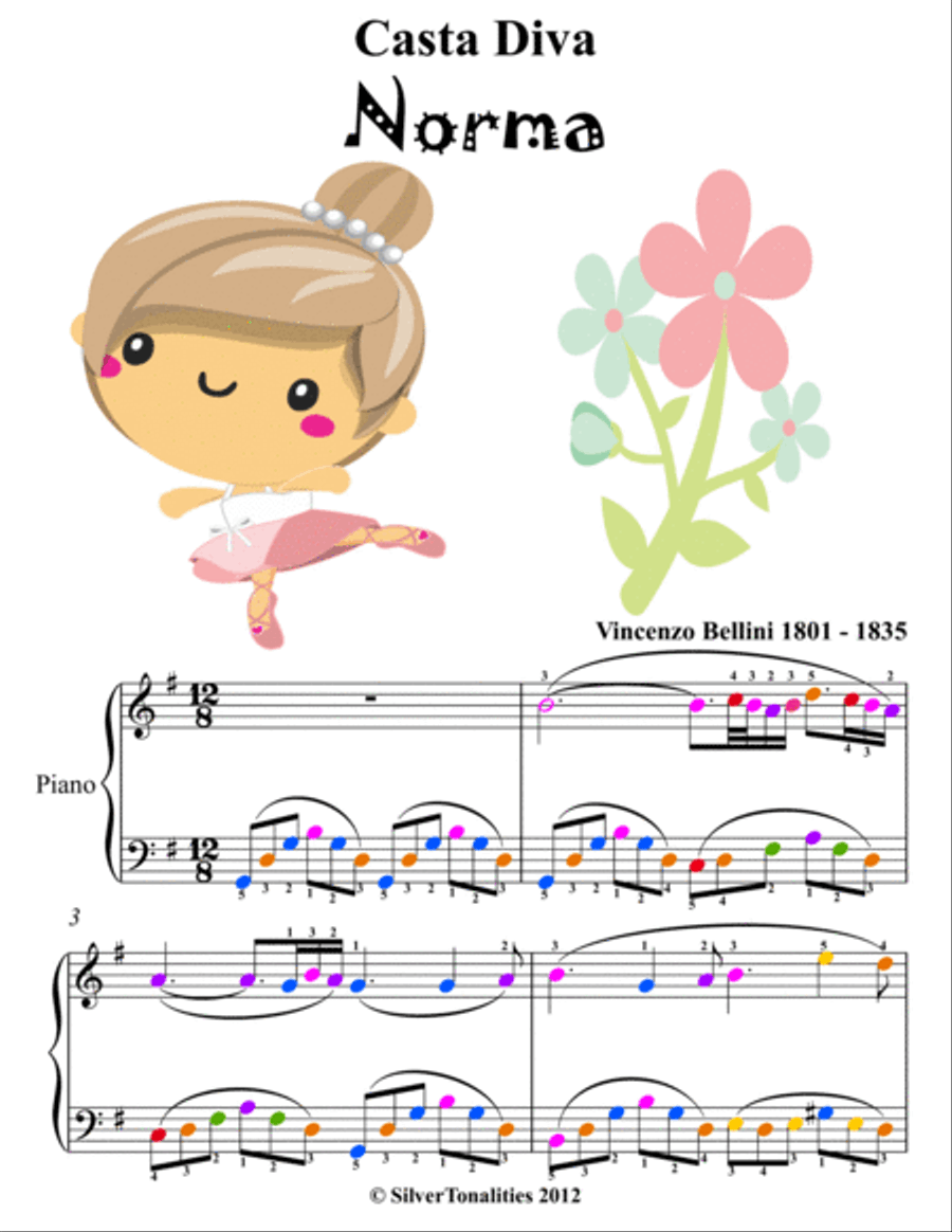 Casta Diva Norma Easy Piano Sheet Music with Colored Notation Piano Method scores gallery preview page 2
