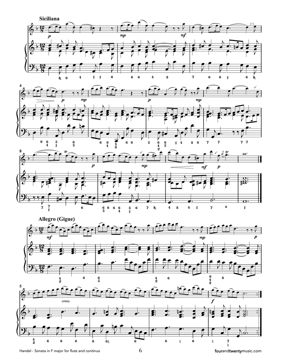 Sonata in F Major for Flute/ recorder and continuo/ piano, opus 1 no 11/HWV 369 Woodwind Duet scores gallery preview page 6