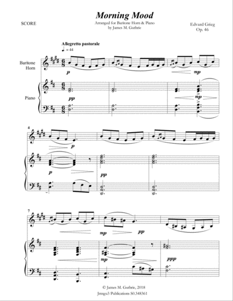 Grieg: Morning Mood from Peer Gynt Suite for Baritone Horn & Piano Baritone Horn TC scores gallery preview page 2