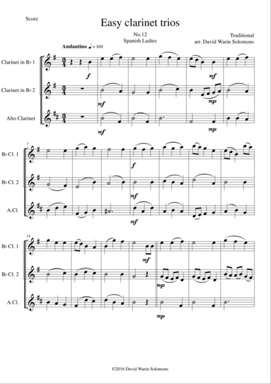 Spanish Ladies for clarinet trio (2 B flats and 1 Alto) Clarinet Trio scores gallery preview page 1