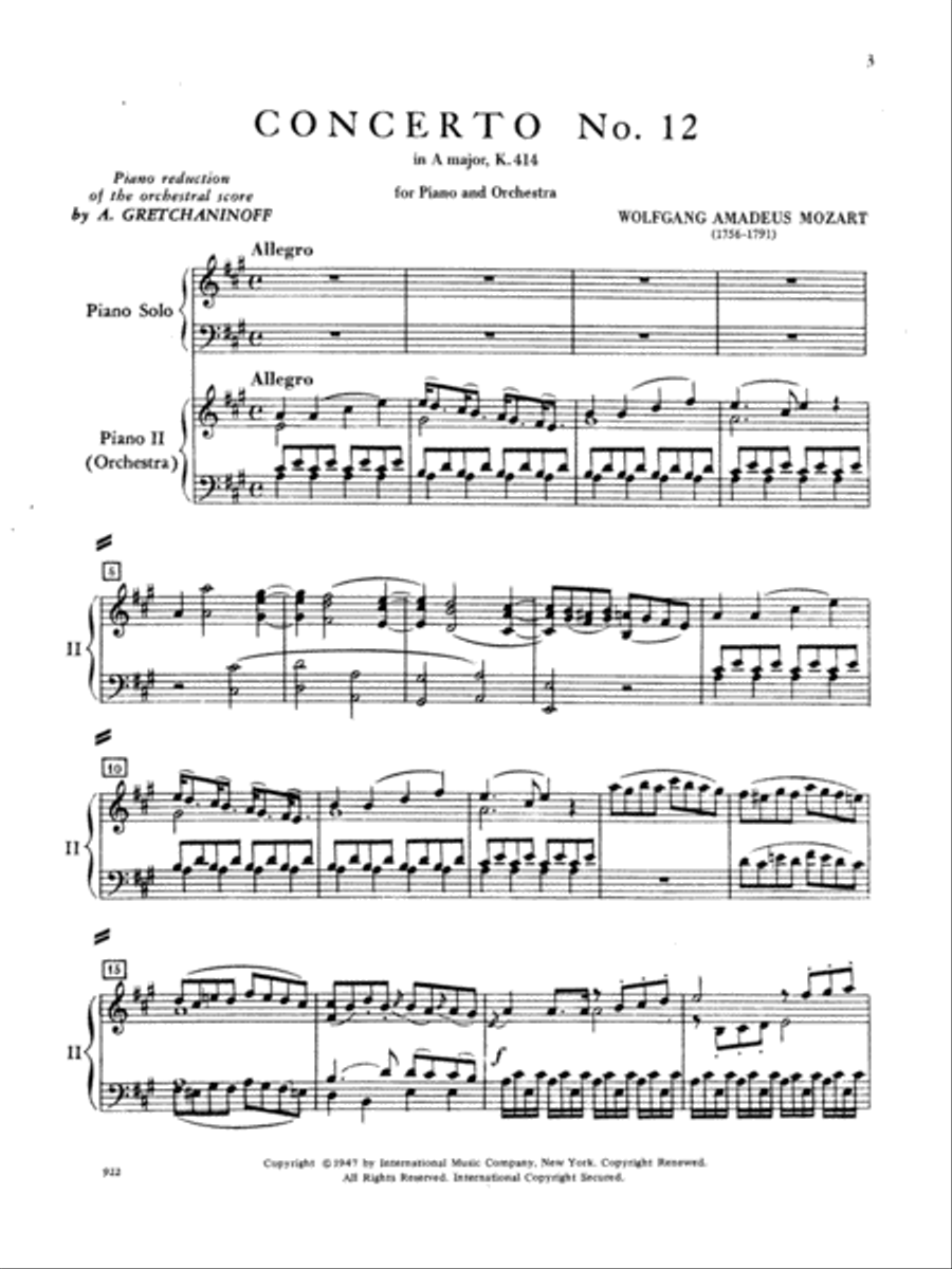 Concerto No. 12 In A Major, K. 414 (K6. 385P) Piano Solo scores gallery preview page 2