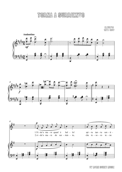 Curtis-Torna a Surriento in E Major,for Voice and Piano image number null