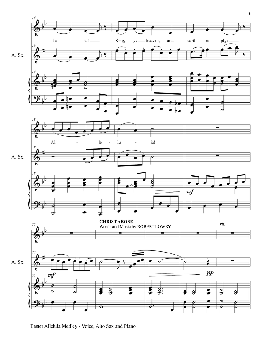 3 GREAT EASTER HYMNS (Voice, Alto Sax & Piano with Score/Parts) Small Ensemble scores gallery preview page 4