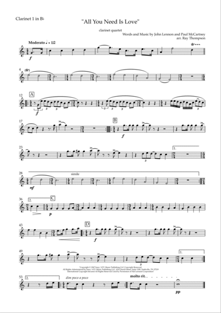 All You Need Is Love Clarinet Quartet scores gallery preview page 5