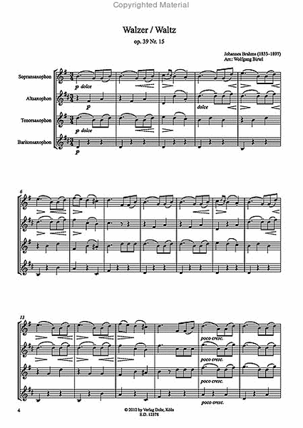 Walzer op. 39/15 (für Saxophonquartett (SATBar))