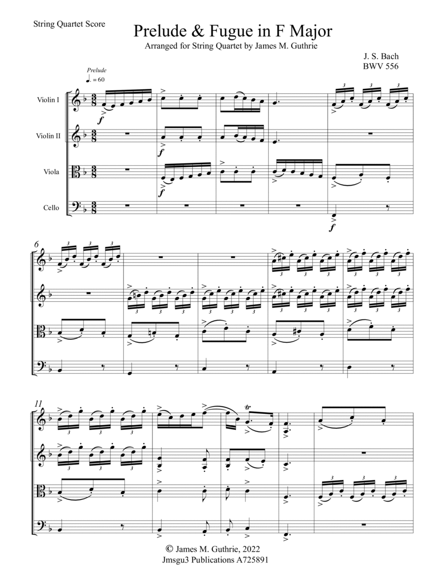 Bach: Prelude & Fugue in F Major BWV 556 for String Quartet String Quartet scores gallery preview page 1