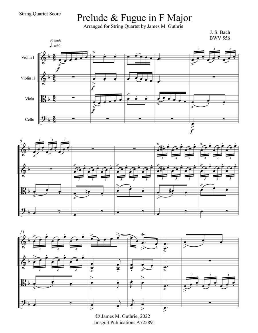 Bach: Prelude & Fugue in F Major BWV 556 for String Quartet