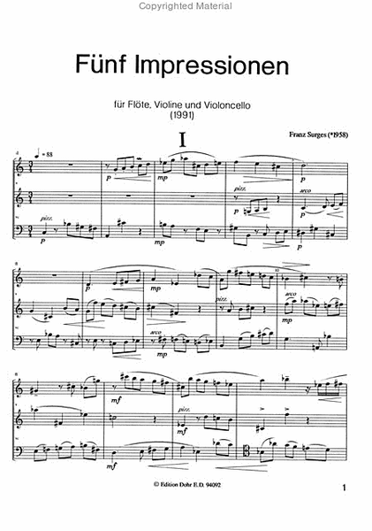 Fünf Impressionen für Flöte, Violine und Violoncello (1991)