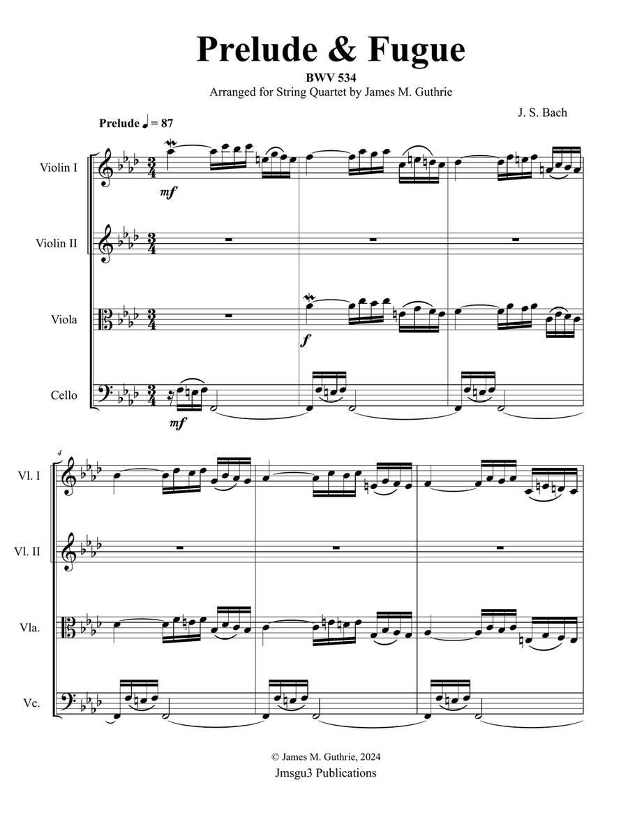 Bach: Prelude & Fugue in F Minor BWV 534 for String Quartet String Quartet scores gallery preview page 1