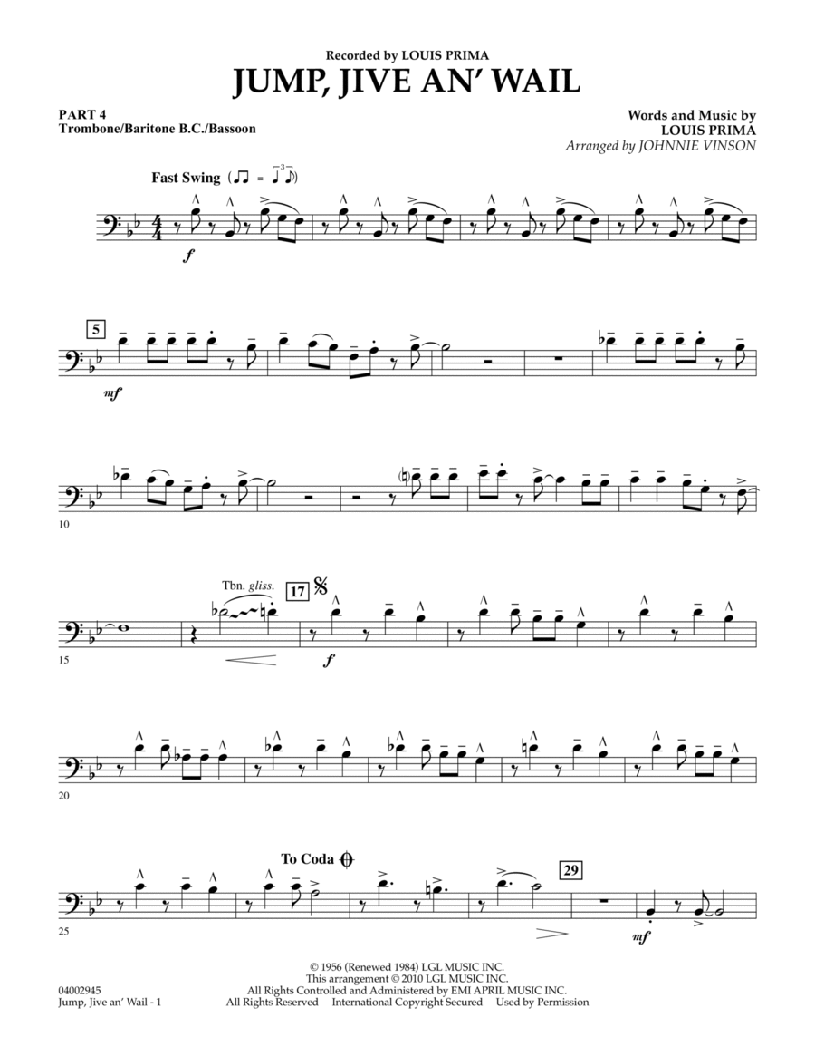 Jump, Jive An' Wail - Pt.4 - Trombone/Bar. B.C./Bsn. Concert Band scores gallery preview page 1