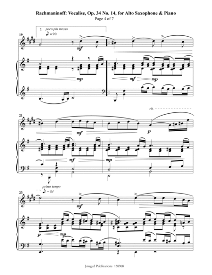 Rachmaninoff: Vocalise for Alto Sax & Piano Alto Saxophone scores gallery preview page 4