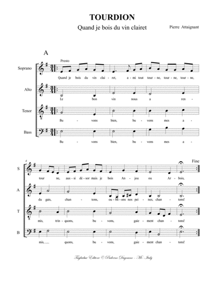 TOURDION (Quand je bois du vin clairet) - for SATB Choir image number null