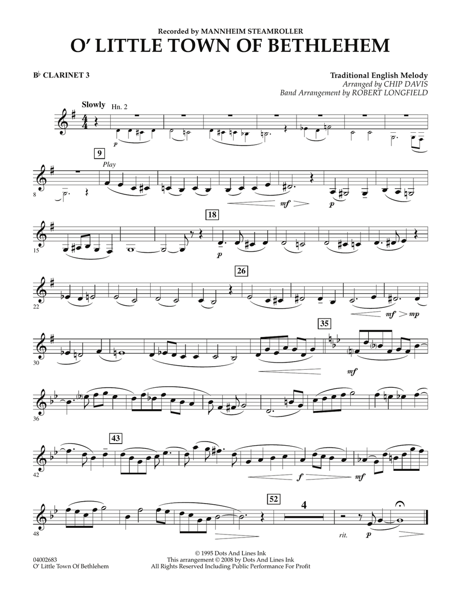 O Little Town Of Bethlehem - Bb Clarinet 3 Concert Band scores gallery preview page 1