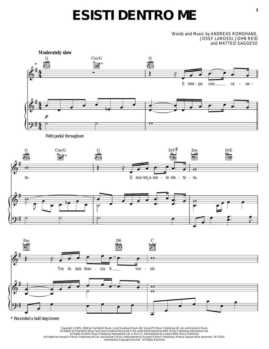 Esisti Dentro Me Piano, Vocal, Guitar scores gallery preview page 1