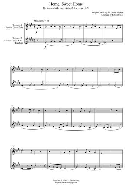 Home, Sweet Home (for trumpet (Bb) duet, suitable for grades 2-6) image number null