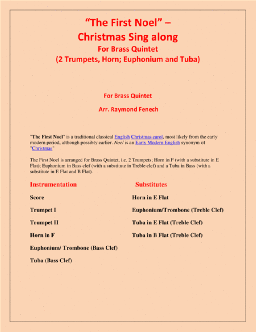 The First Noel - Christmas Sing along (For Brass Quintet - 2 Trumpets, Horn, Euphonium and Tuba) Brass Quintet scores gallery preview page 2