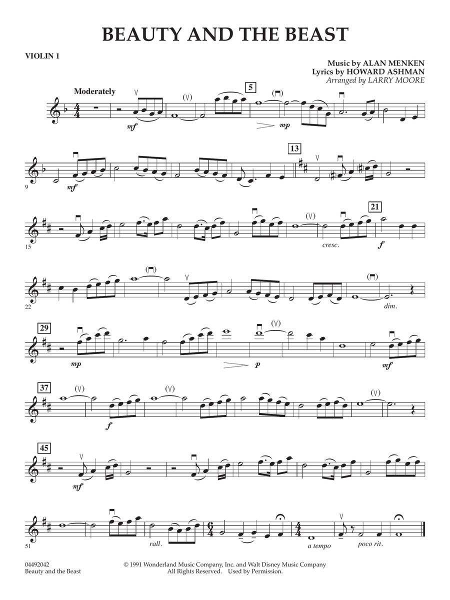 Beauty and the Beast (arr. Larry Moore) - Violin 1 String Quartet scores gallery preview page 1