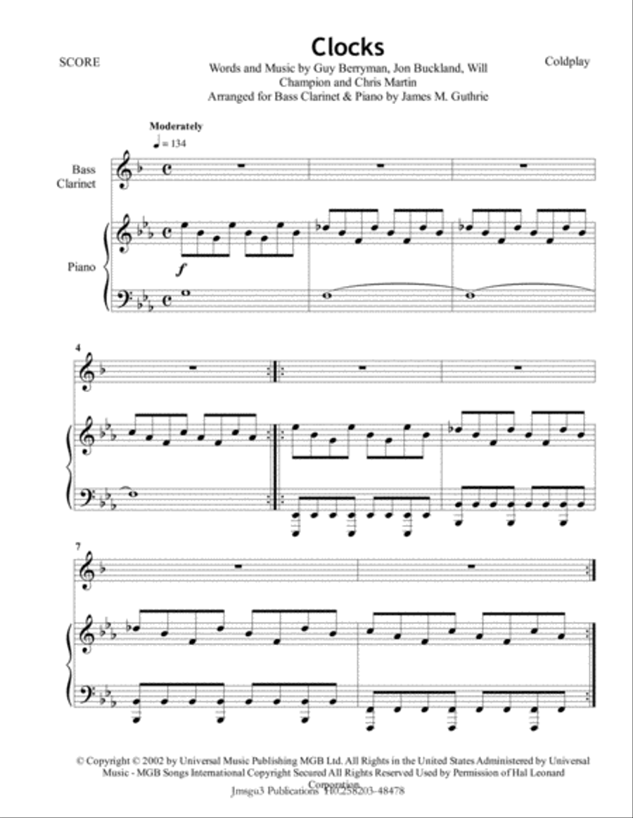 Clocks Bass Clarinet scores gallery preview page 1